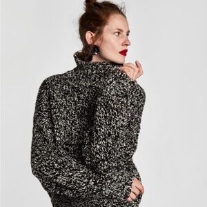 Zara Knit Oversized Cable Knit sweater heavy Wool blend 🖤🤍 Cowl turtleneck small